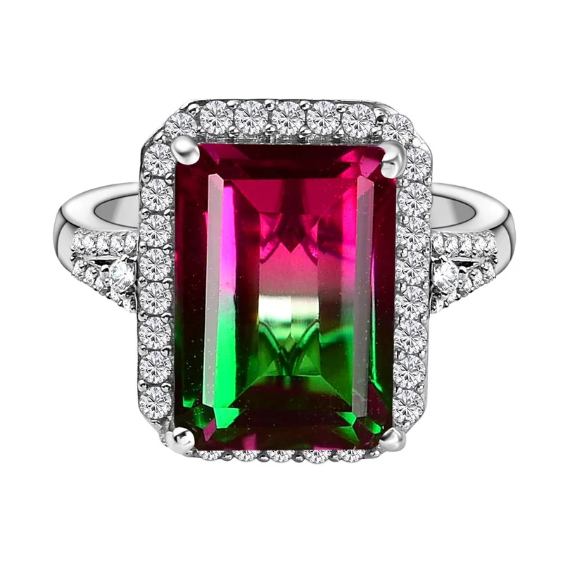 Wassermelonen-Quarz-Triplette und weißer Zirkon-Ring, 925 Silber platiniert ca. 9.03 ct