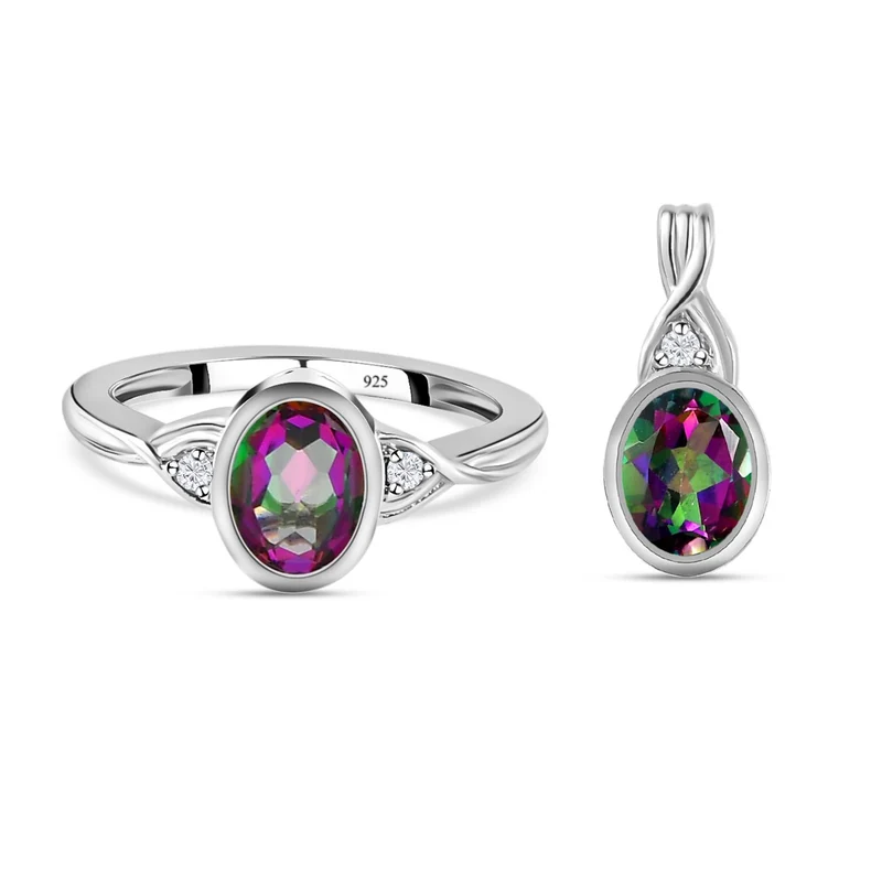 Nordlicht Mystik Topas Ring und Anhänger, 925 Silber platiniert ca. 3,08 ct
