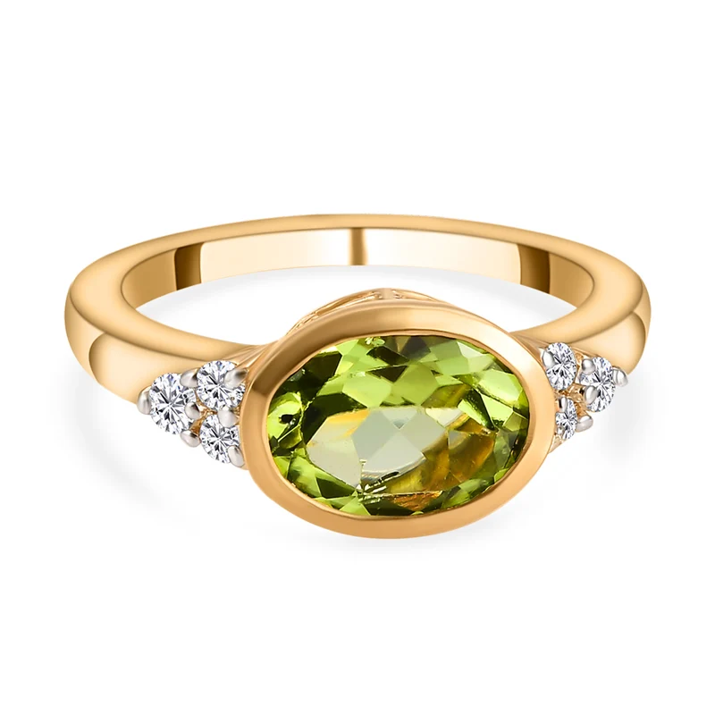 Natürlicher Peridot und weißer Zirkon-Ring, 925 Silber vergoldet ca. 2,07 ct