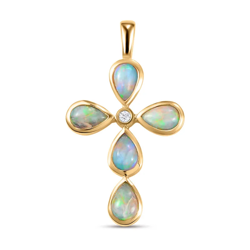 Natürlicher, äthiopischer Opal und weißer Zirkon-Anhänger, 925 Silber vergoldet ca. 1,38 ct