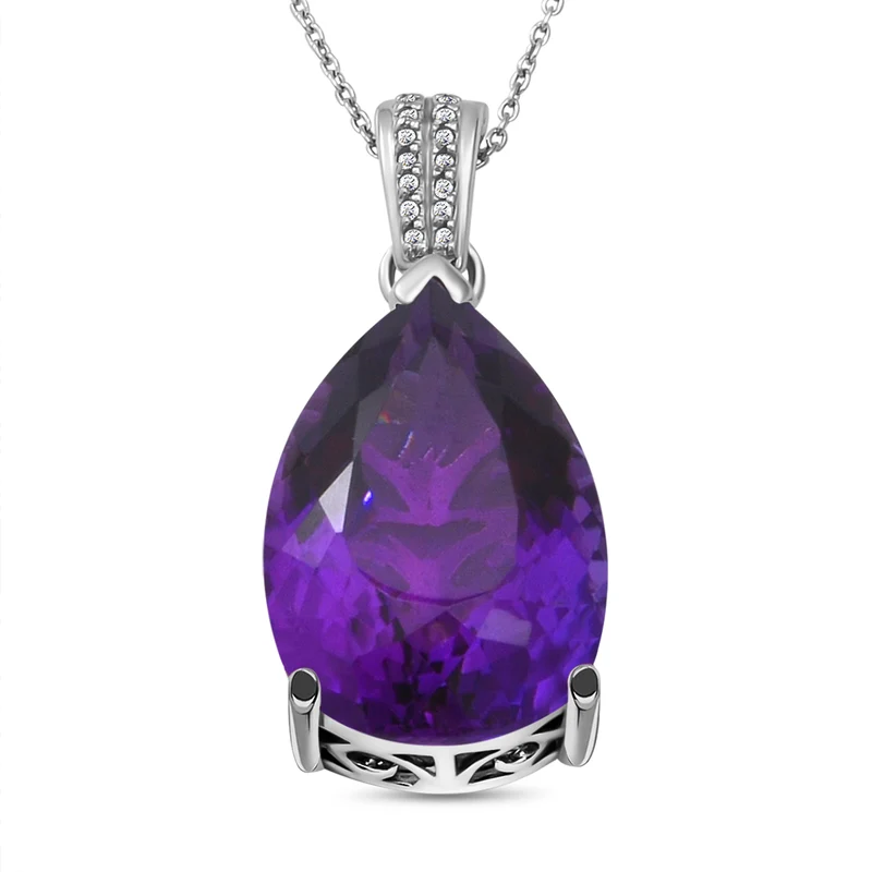 Afrikanischer Amethyst und weißer Zirkon-Anhänger mit Kette, 925 Silber platiniert ca. 27.14 ct