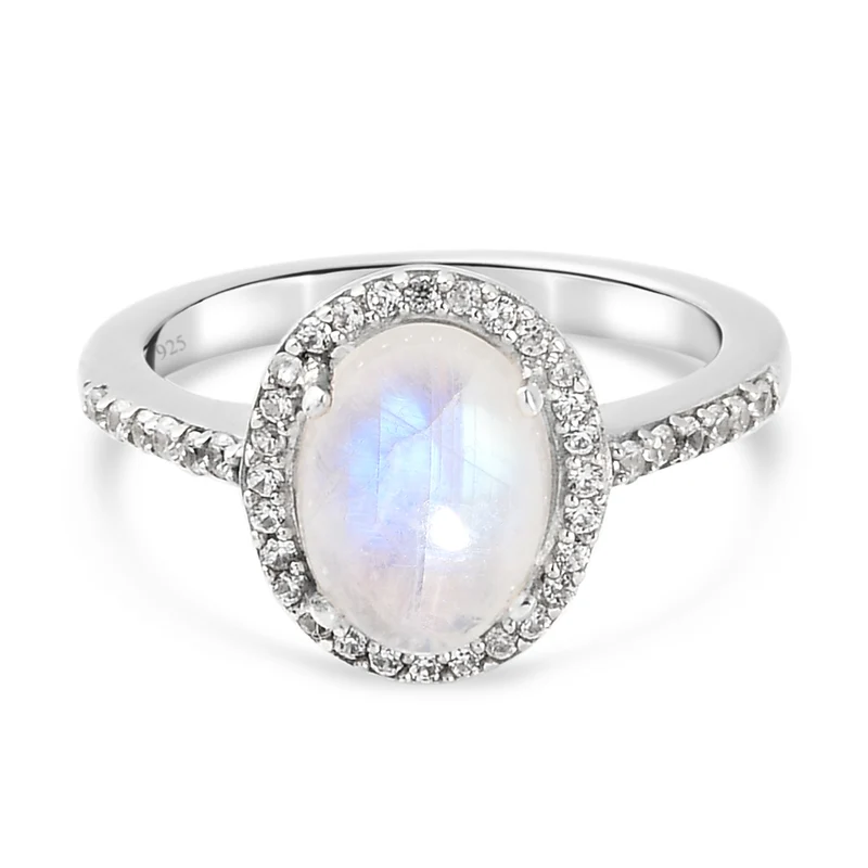 Regenbogen Mondstein und Zirkon-Ring, 925 Silber platiniert ca. 2.71 ct