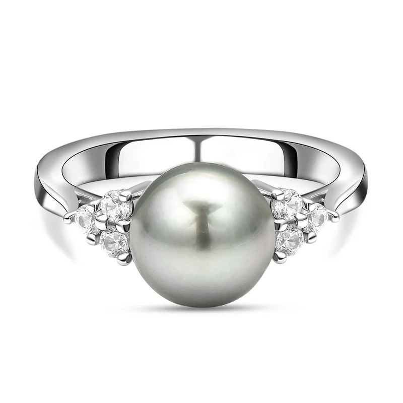 Tahiti-Zuchtperlen und weißer Zirkon-Ring, (9-10 mm), 925 Silber rhodiniert ca. 0,30 ct