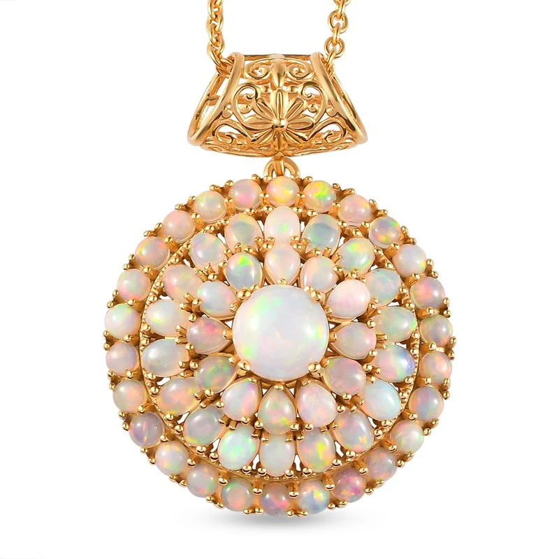 Natürlicher, äthiopischer Opal-Anhänger mit Kette, 925 Silber vergoldet ca. 6.69 ct
