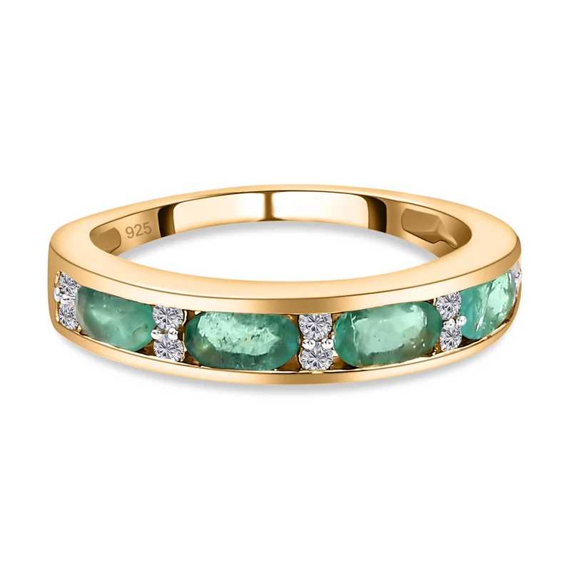 AA Äthiopischer Smaragd und weißer Zirkon-Ring, 925 Silber Gelbgold Vermeil ca. 1.06 ct