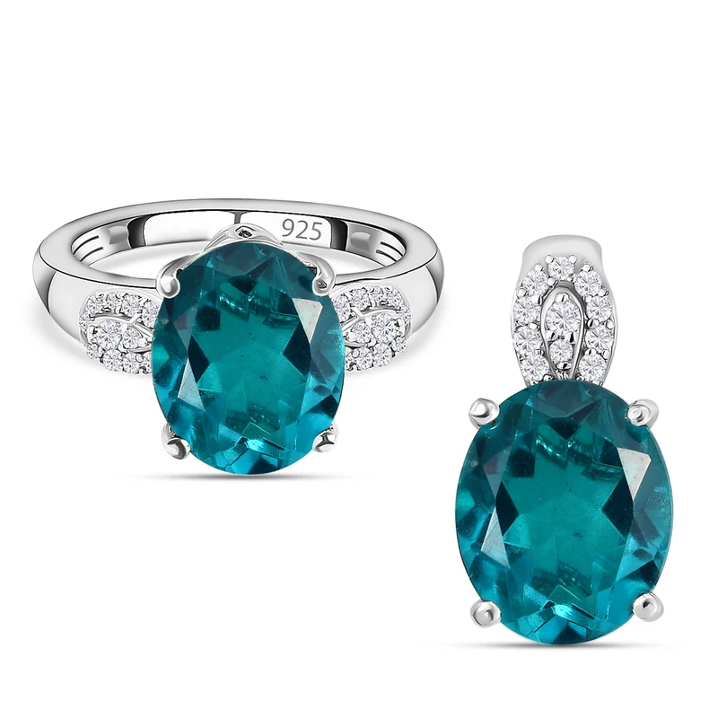 Capri-Blau Triplette Quarz-Ring und Anhänger, 925 Silber platiniert ca. 7.69 ct