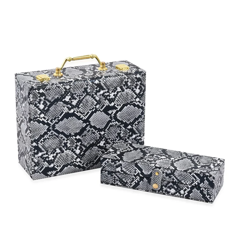 2er-Set, Schmuckkasten mit Reise-Etui aus Kunstleder mit Python-Prägung, 24x19x9 und 22x17x3 cm, Grau