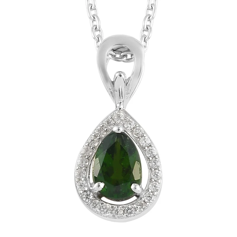 Natürlicher Chromdiopsid und Zirkon Anhänger mit Kette ca. 45 cm 925 Silber platiniert 0.81 ct