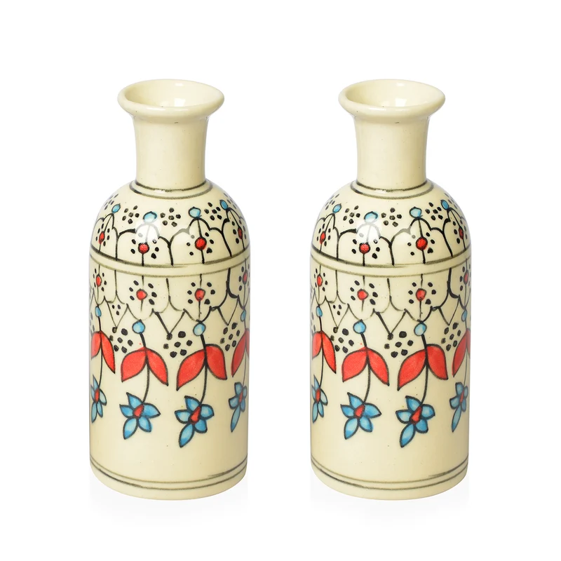 2er Set handbemalte Keramikvasen, 7,5x19 cm, Blumen