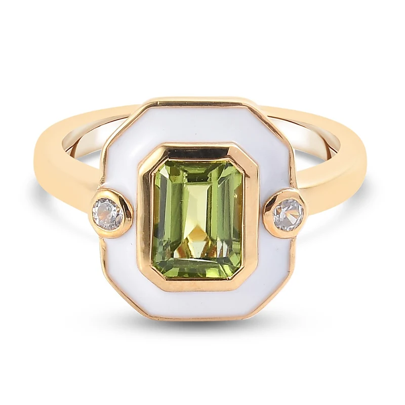 Peridot und Zirkon emaillierter Solitär Ring 925 Silber vergoldet ca. 1,07 ct