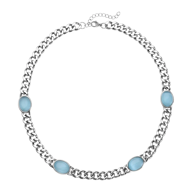 Künstliche, blaue Katzeaugen Halskette, ca. 50 cm, reiner Edelstahl ca. 25,00 ct