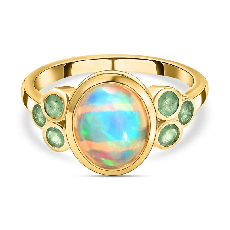 Natürlicher, äthiopischer Welo Opal und Kagem sambischer Smaragd-Ring, 925 Silber Gelbgold Vermeil ca. 2.06 ct