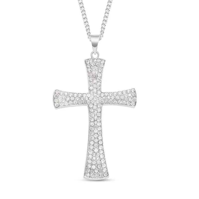 Weißer Kristall Kreuz-Anhänger mit Kette, Silberfarben
