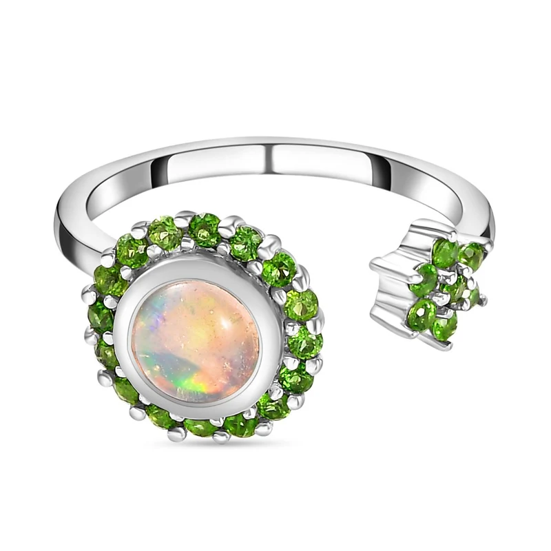 Natürlicher, äthiopischer Welo Opal und natürlicher Chromdiopsid-Ring, 925 Silber platiniert ca. 0,96 ct