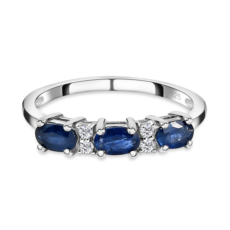 Kanchanaburi Blauer Saphir und weißer Zirkon-Ring, 925 Silber platiniert ca. 0.94 ct