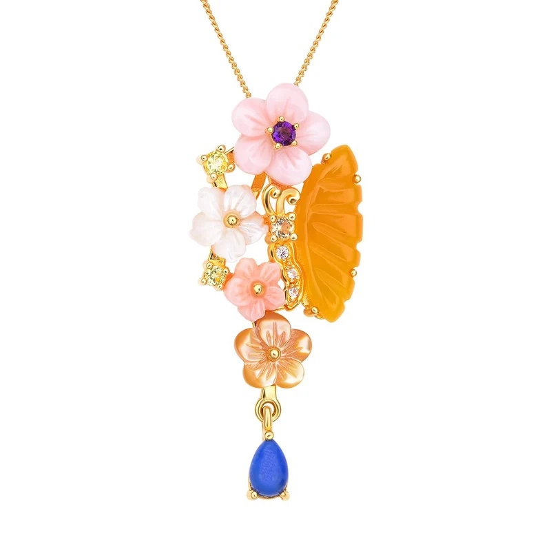 Jardin Kollektion - Gelber Jade und rosa Perlmutt-Anhänger mit Kette, 925 Silber Gelbgold Vermeil ca. 3.49 ct
