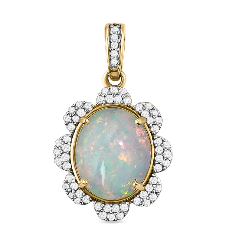 Natürlicher, äthiopischer Opal und Zirkon-Anhänger, 925 Silber vergoldet ca. 3.27 ct