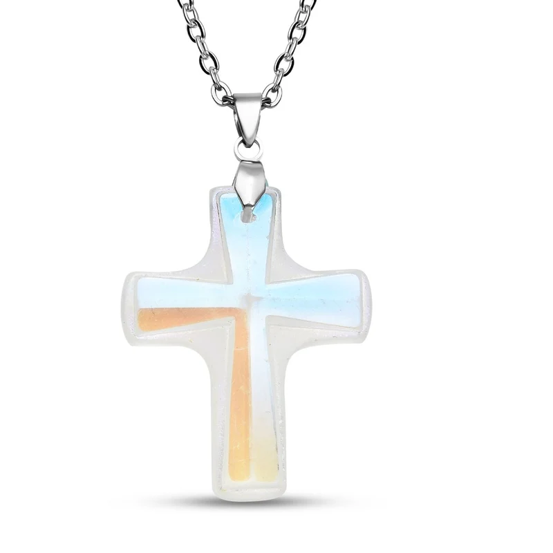 Weißer Kristall Kreuz-Anhänger mit Kette, reiner Edelstahl