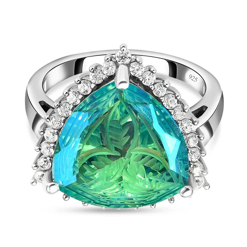 Pfau Triplette Quarz und weißer Zirkon-Ring, 925 Silber platiniert ca. 9.68 ct