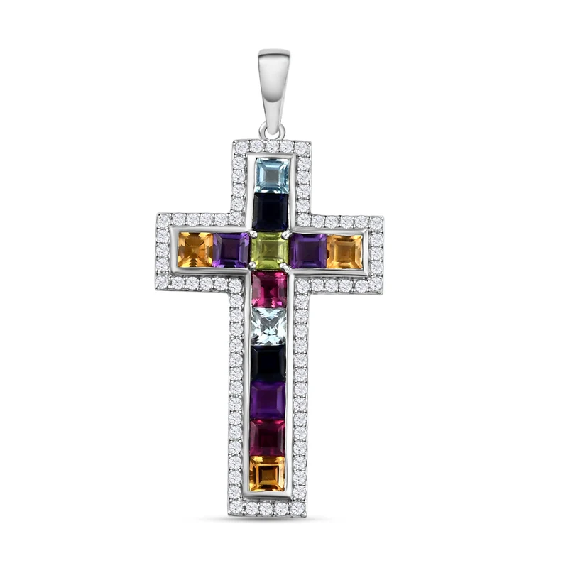 Mehrfarbiger Edelstein Kreuz-Anhänger, 925 Silber platiniert ca. 3,97 ct