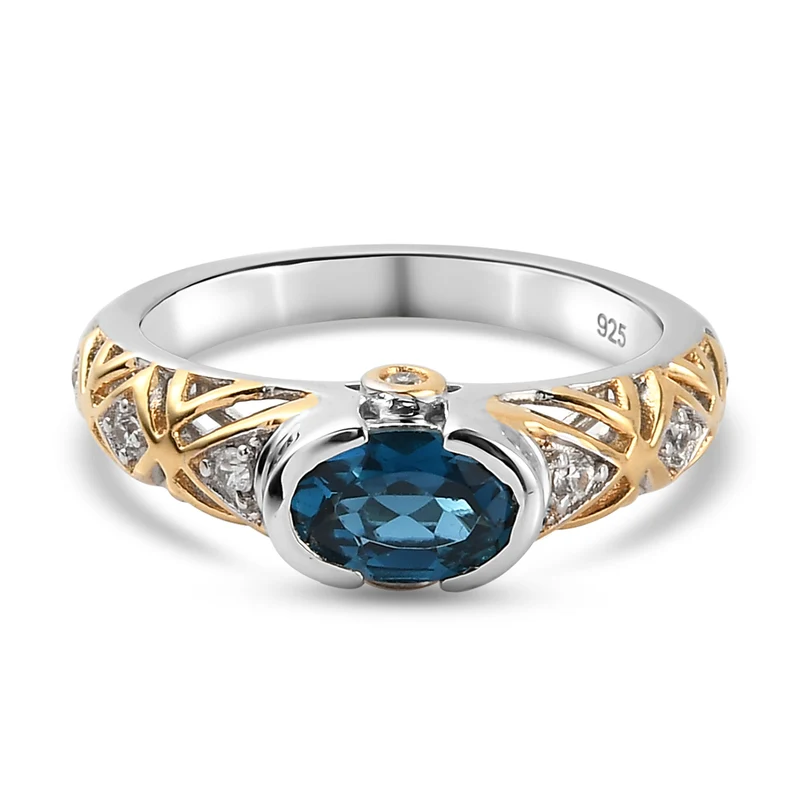 London Blau Topas und Zirkon Ring 925 Silber Bicolor ca. 0,90 ct