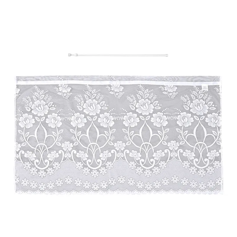 Gardinen mit verstellbarer Metallstange, gestrickter Stoff, 145x90cm, gewebt, weiß, Große Blumen