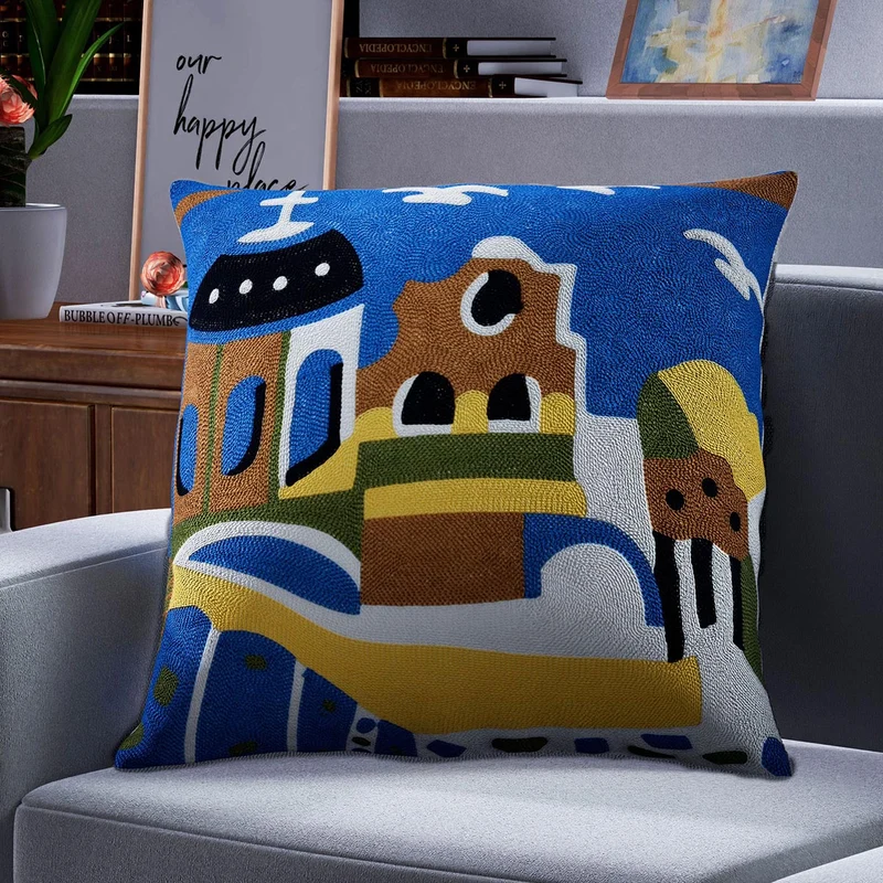 Kissenbezug mit Picasso-inspirierter Stickerei, 100% Baumwolle, 43x43cm, Stadt