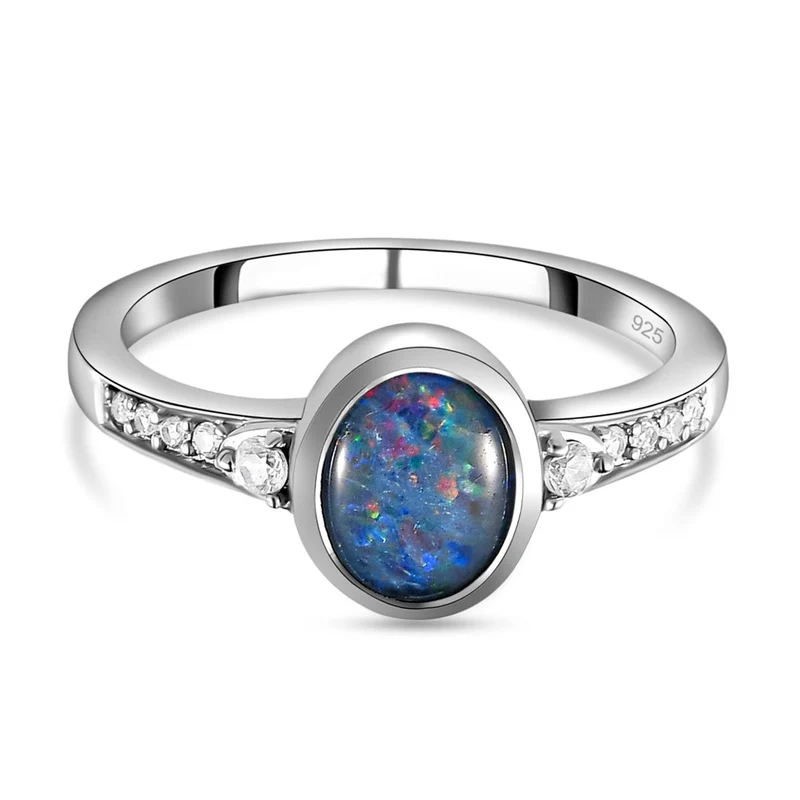 Boulder Opal Triplette und weißer Zirkon-Ring, 925 Silber platiniert ca. 1.09 ct