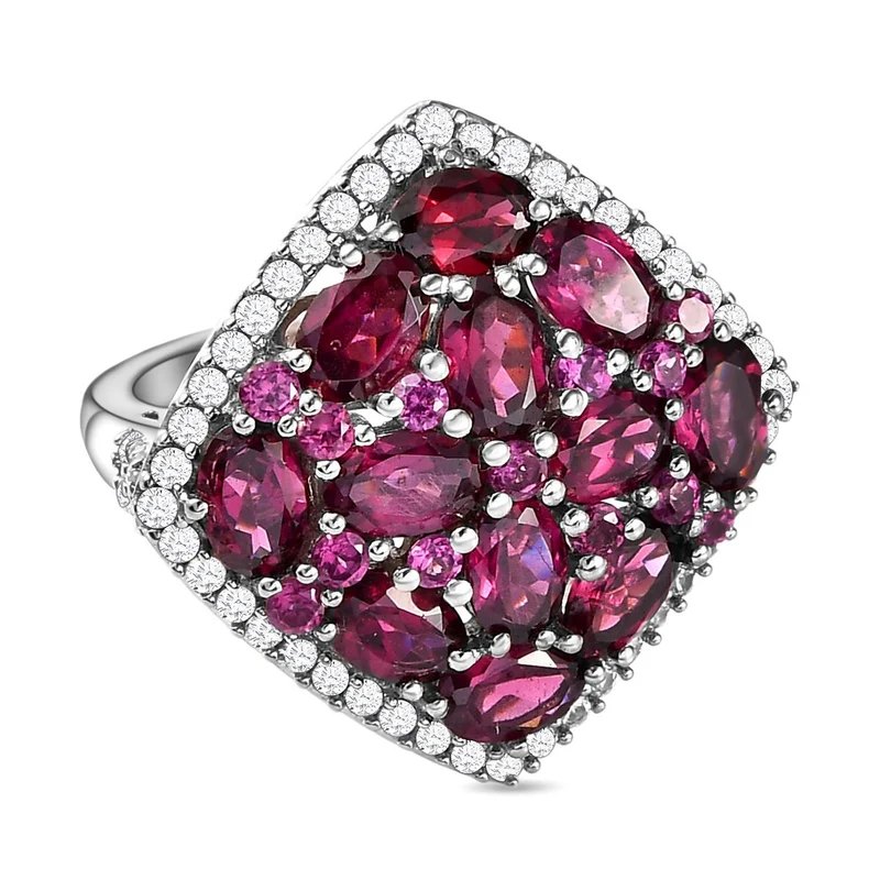 Rhodolith Granat und weißer Zirkon-Ring, 925 Silber platiniert ca. 8.70 ct