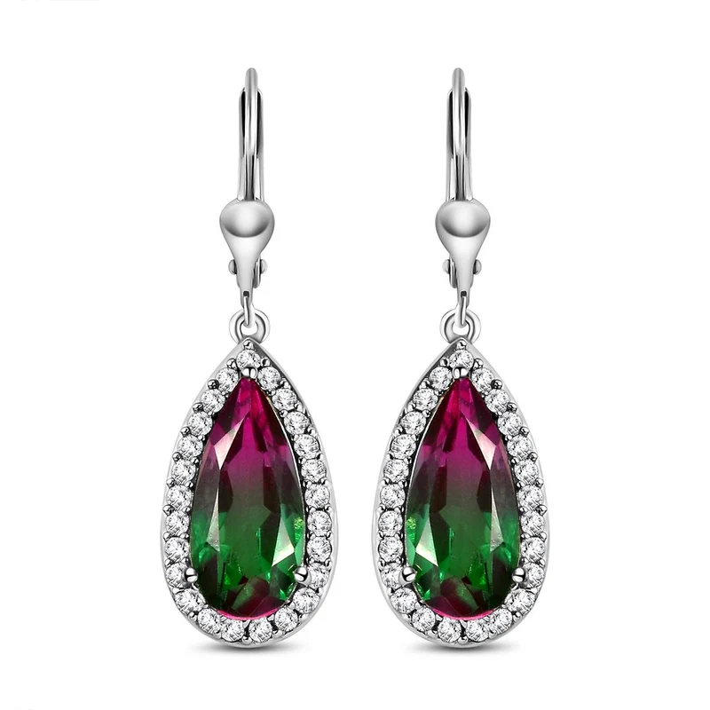 Wassermelonen-Quarz-Triplett und weiße Zirkon-Ohrringe, 925 Silber platiniert ca. 8.24 ct