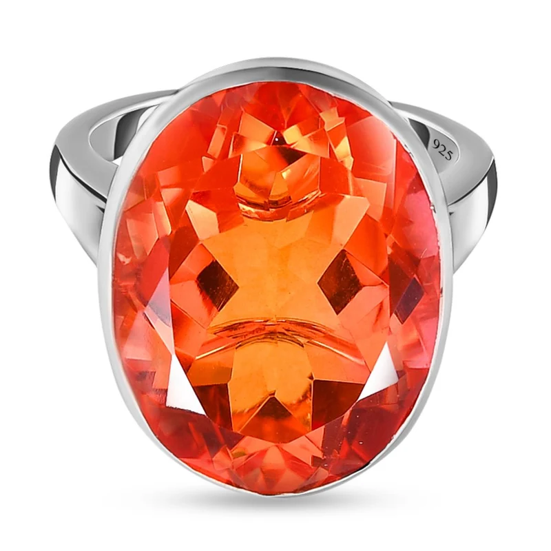 Padparadscha Triplette Quarz-Ring, 925 Silber platiniert ca. 19.33 ct