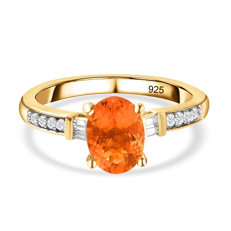 Salamanca Feueropal und weißer Zirkon-Ring, 925 Silber Gelbgold Vermeil ca. 1.03 ct
