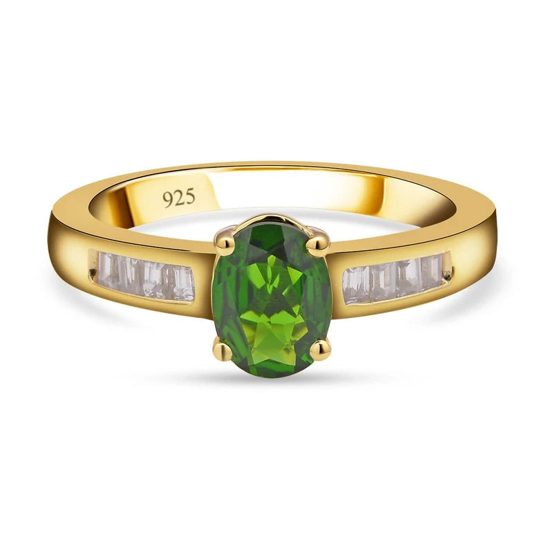Natürlicher Chromdiopsid und weißer Zirkon Ring, 925 Silber Gelbgold Vermeil ca. 1.53 ct