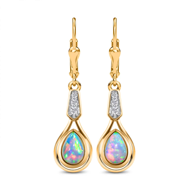 Natürliche, äthiopische Welo Opal und weiße Zirkon-Ohrringe, 925 Silber vergoldet ca. 0,90 ct
