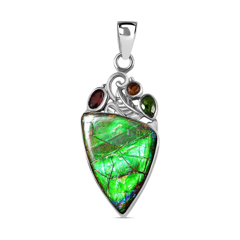 Kanadische Ammolit und roter Granat Anhänger, 925 Silber platiniert ca. 17.59 ct