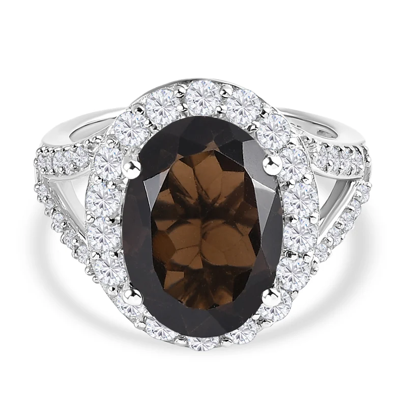 Rauchquarz und weißer Zirkon Ring, 925 Silber platiniert ca. 7.08 ct