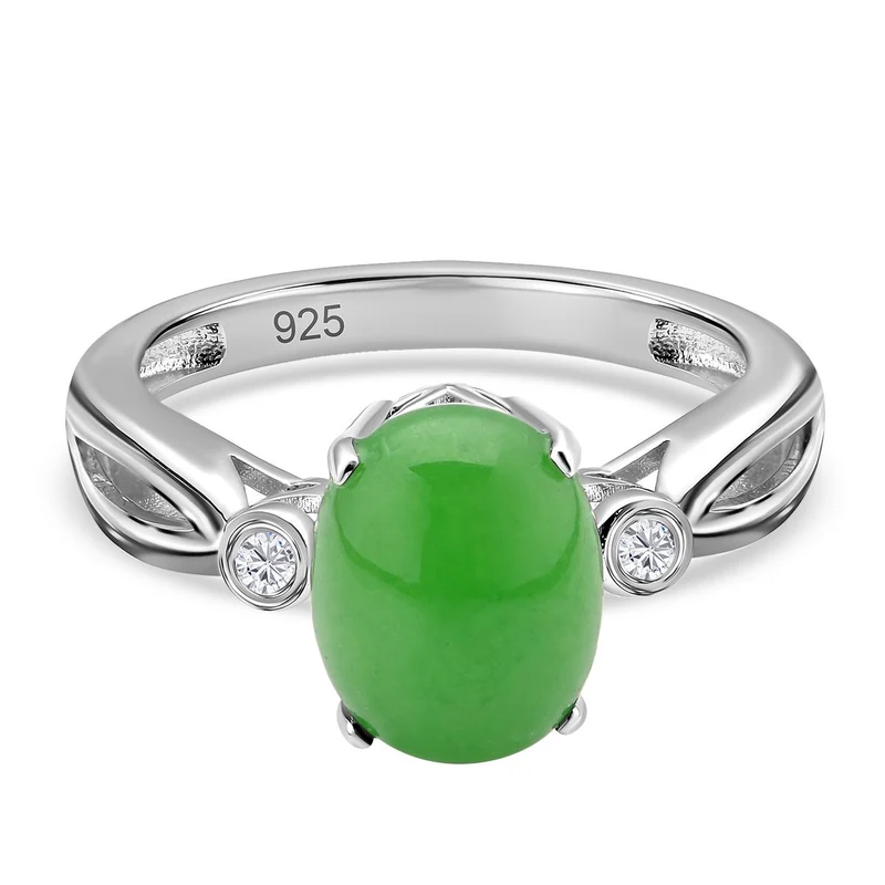 Grüne Jade, weißer Zirkon Ring, 925 Silber rhodiniert ca. 3.76 ct