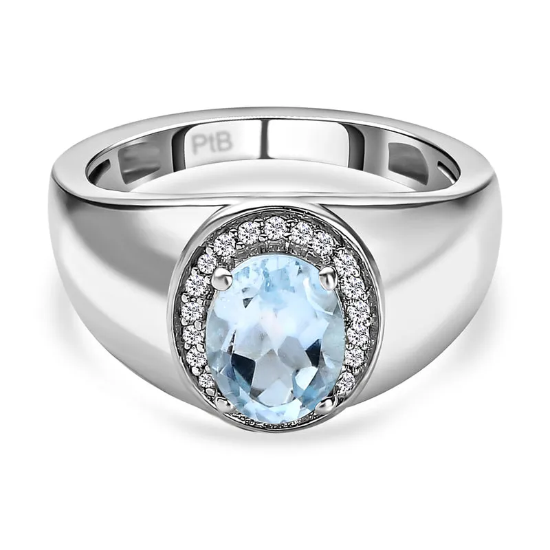 Himmelblauer Topas und weißer Zirkon-Ring, reines Messing platiniert ca. 1,63 ct