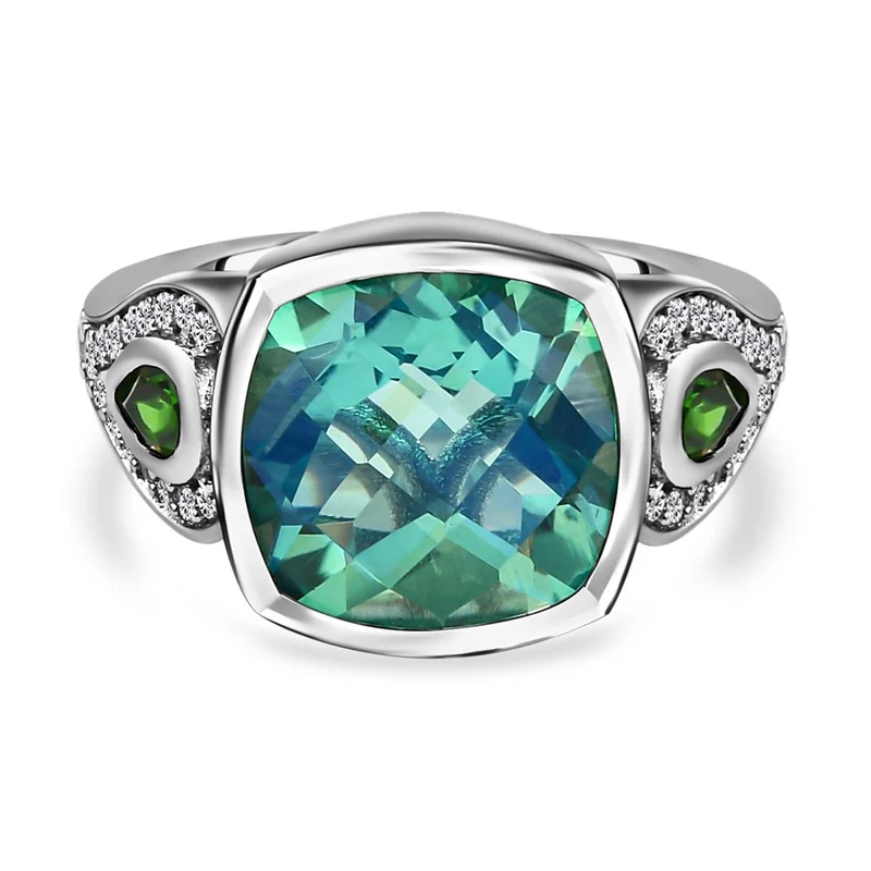 Pfau Triplett Quarz und natürlicher Chromdiopsid-Ring, 925 Silber platiniert ca. 6,33 ct