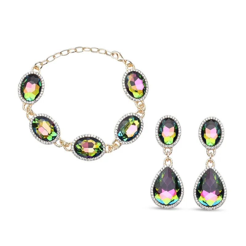 Grünes Glaskristall Armband und Ohringe, goldfarben