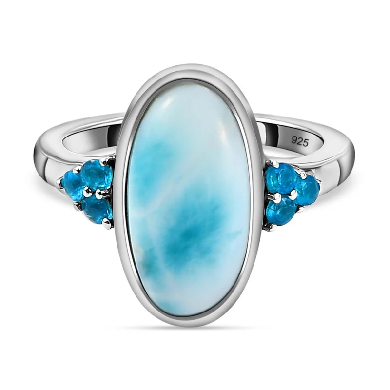 Larimar und Neon Apatit-Ring, 925 Silber platiniert ca. 6.46 ct