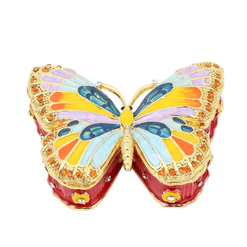 Tablettendöschen mit weißen Kristallen, emailliert, Mehrfarbig, Schmetterling