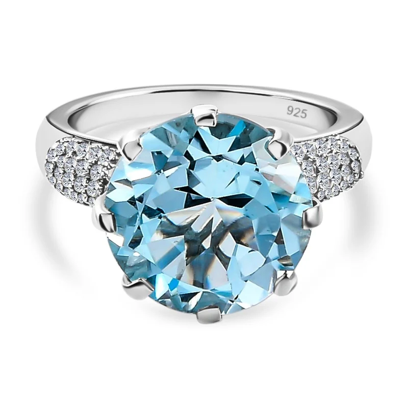 Himmelblauer Topas und weißer Zirkon Ring, 925 Silber platiniert ca. 7.95 ct
