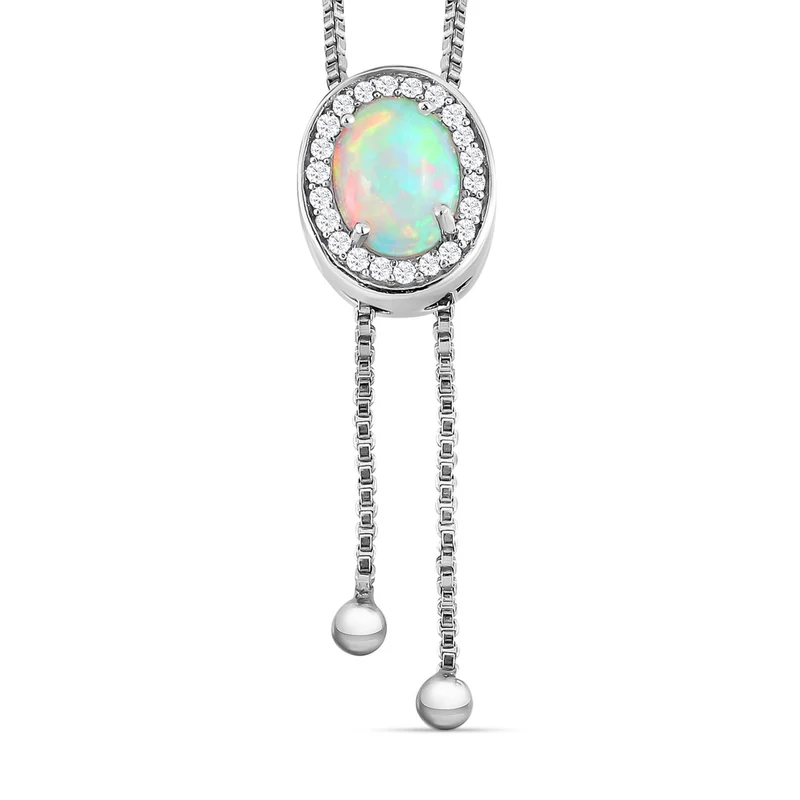 Natürliche, äthiopische Welo Opal und weiße Zirkon Halskette, ca. 60 cm, 925 Silber platiniert ca. 1.48 ct