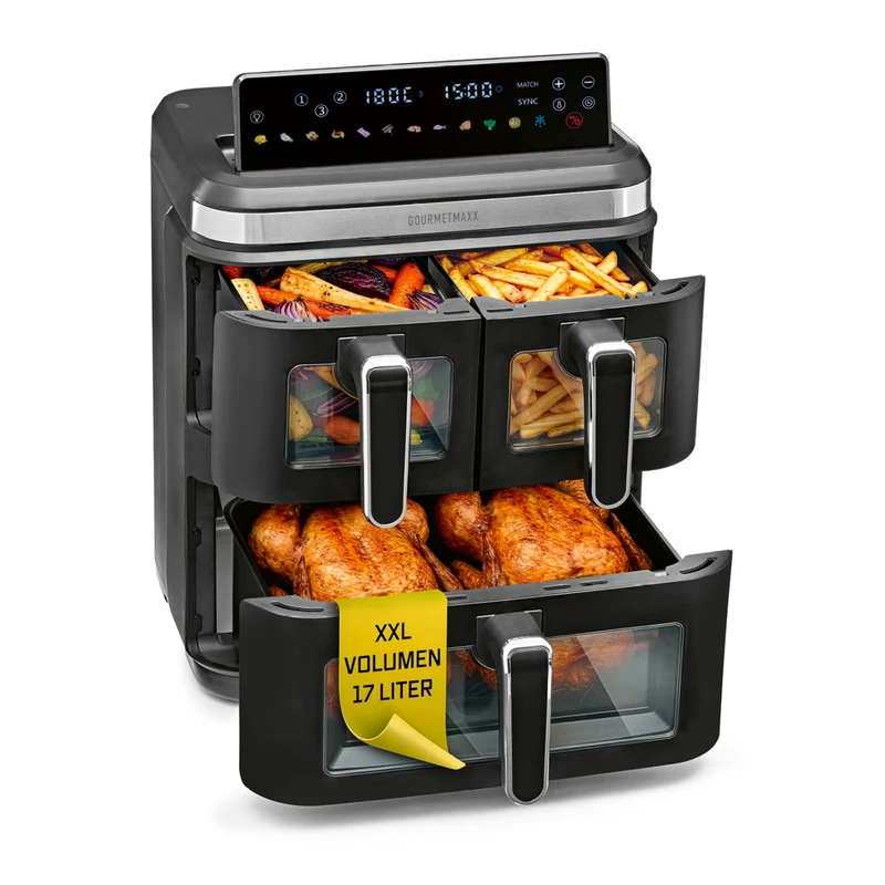 FryUp3 Vertikale 3-Kammer-Heißluftfritteuse mit Sichfenstern - 17 Liter (2 x 4, 1 x 9 l)