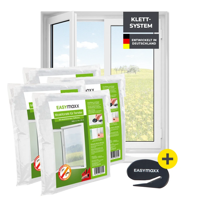 Moskitonetz für Fenster mit selbstklebendem Klettband - 4er-Set - 110 x 130 cm - Weiß