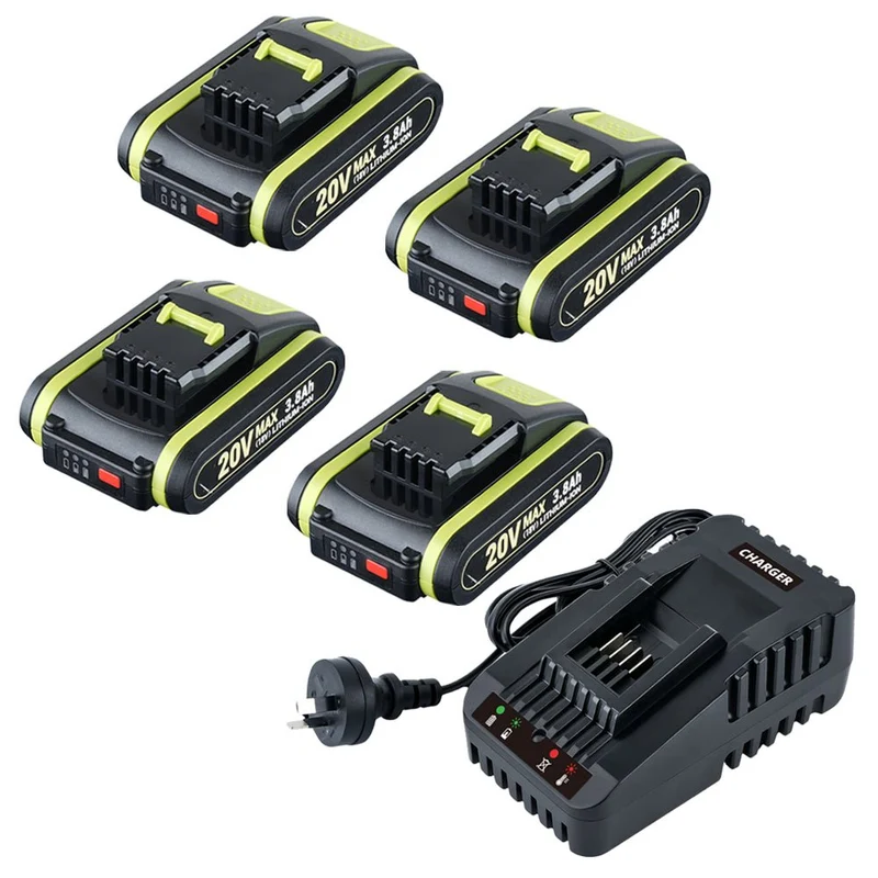 Für Worx WA3520 WA3575 20V Max 3.8Ah Lithium Batterie X4 UND Für Worx WA3880 18V (20V MAX) schnelladegerät 1 stunde Ladegerät