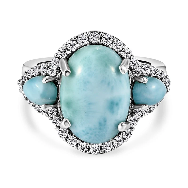 Larimar und weißer Zirkon Ring, 925 Silber platiniert , ca. 8.26 ct