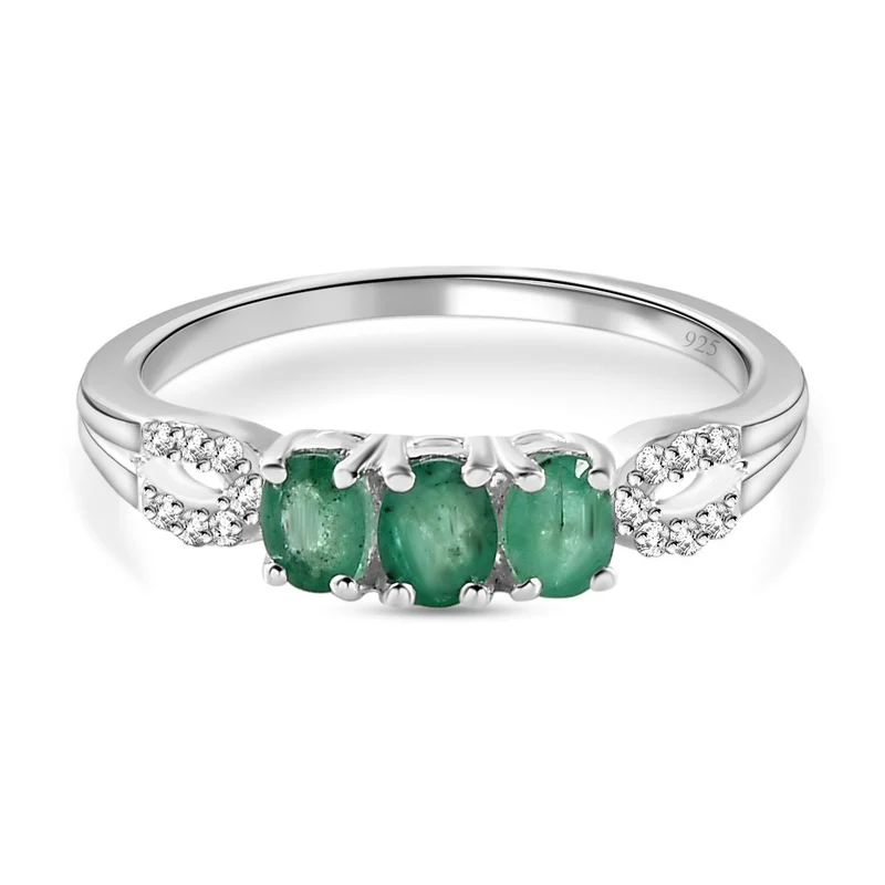 Kagem sambischer Smaragd und weißer Zirkon-Ring, 925 Silber ca. 0.61 ct