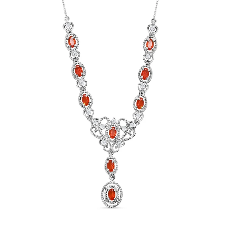 Purpurrote Feueropal und weiße Zirkon-Halskette, ca. 45 cm, 925 Silber platiniert ca. 2.22 ct